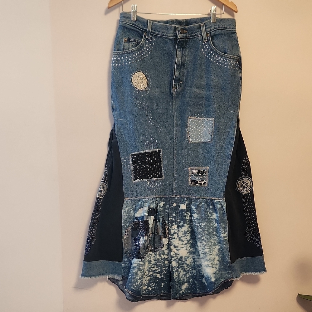 Upcycled Denim Skirt With Handmade Sashiko Stitching Patchworking Blue Size 14